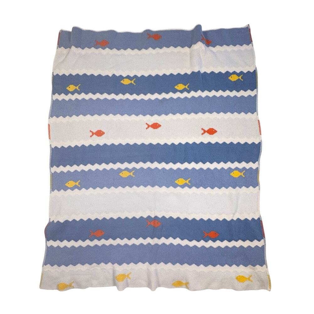 Cover Me Vintage Cotton Baby Blanket Blue Striped Fish Layette Bunting USA